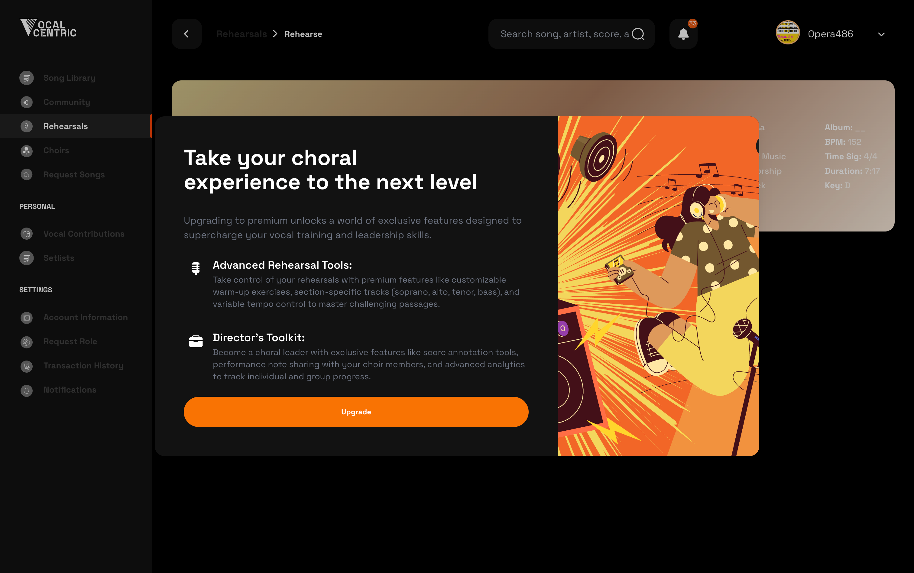 AI analyzer dashboard with accuracy score, pitch metrics, and vocal quality feedback