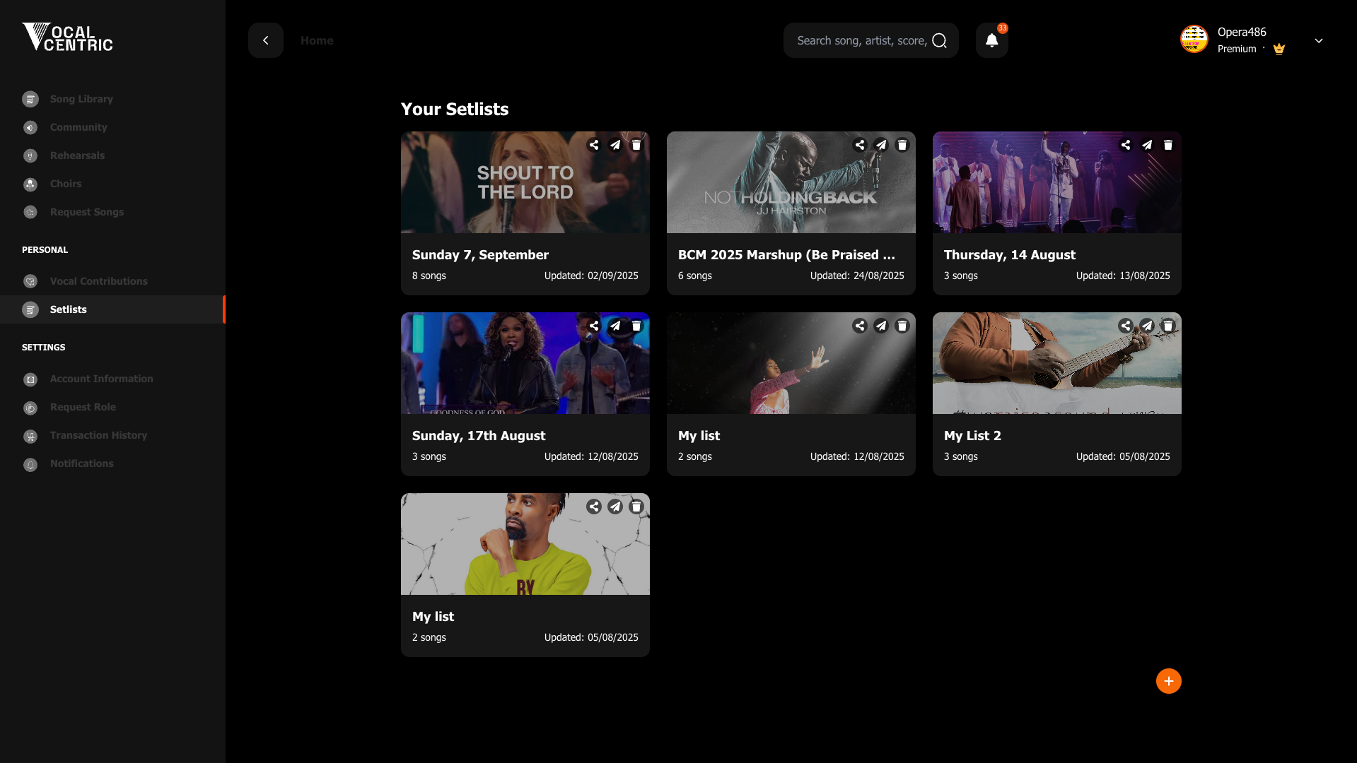 Setlists board showing multiple shared setlists and update timestamps